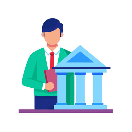 Professional man presenting financial opportunities with building architecture symbolのイラスト素材