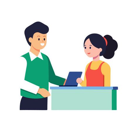 Man and woman at reception desk with laptop illustrationのイラスト素材