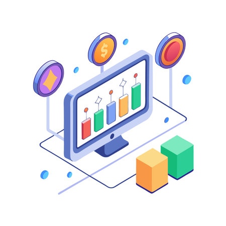 Isometric illustration showcasing business finance data on computer screenのイラスト素材