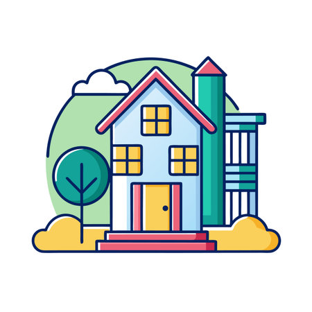 Cartoon house icon with trees and background designのイラスト素材