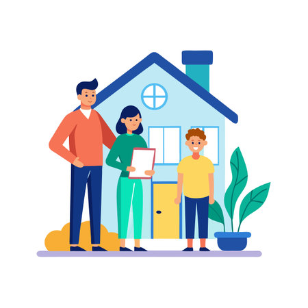 Happy family standing in front of the houseのイラスト素材