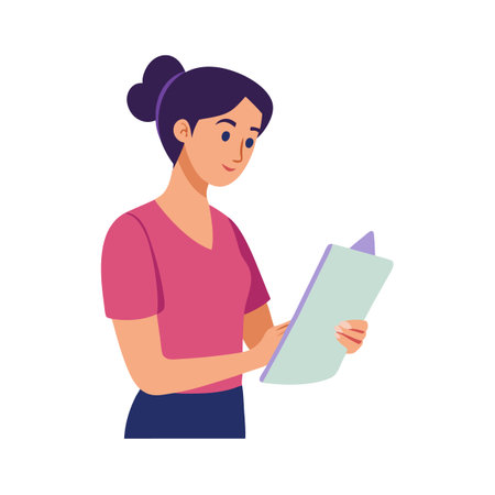 Woman Reading Document: A Flat Vector Illustration on Whiteのイラスト素材