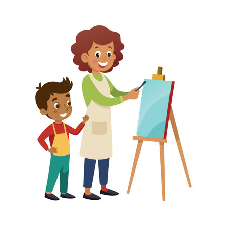 Teacher and child painting together on canvas artworkのイラスト素材