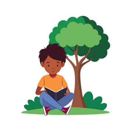 Boy reading a book under a tree illustration artのイラスト素材