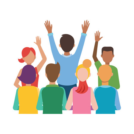 Diverse group of people celebrating with raised hands illustrationのイラスト素材