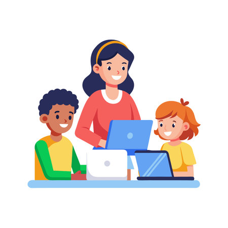 Teacher helping students with computer learning flat vector imageのイラスト素材