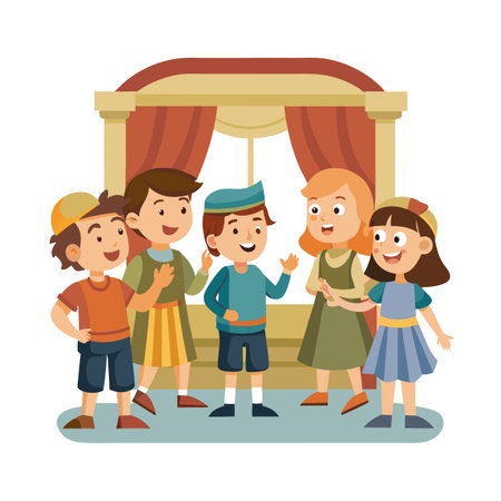 Group of kids standing near a puppet theater stageのイラスト素材