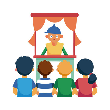 Children watching a puppet show with colorful stageのイラスト素材