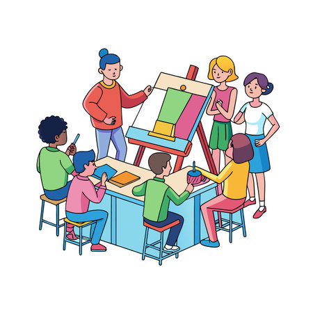 Students learning art in classroom with an instructor presentのイラスト素材