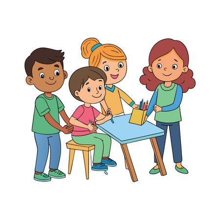 Children Drawing Together at Table in Colorful Cartoon Styleのイラスト素材