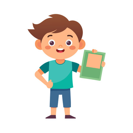 Cartoon boy presenting a book or a report cheerfullyのイラスト素材