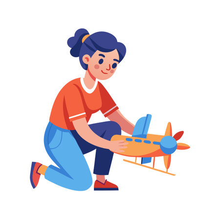 Young woman playing with toy airplane indoors illustrationのイラスト素材