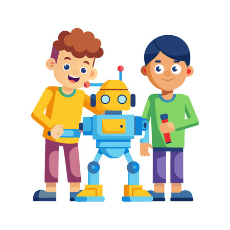 Two boys with self-made robot on a white backgroundのイラスト素材