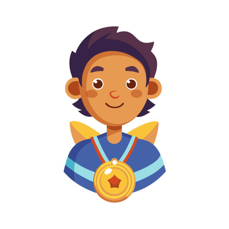 Cartoon Boy Portrait with Gold Medal in Flat Styleのイラスト素材