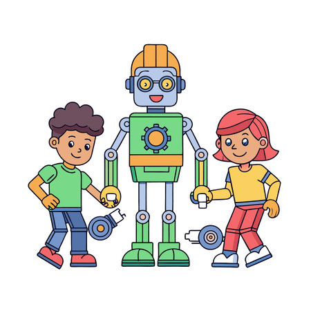 Cartoon kids building a friendly robot character togetherのイラスト素材