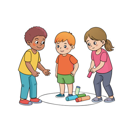 Children playing with colorful tubes inside drawn circle areaのイラスト素材