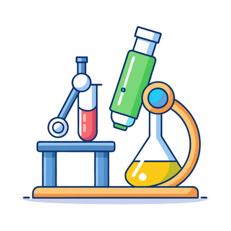 Illustration of laboratory microscope and test tube setup on tableのイラスト素材