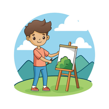 Boy artist painting a landscape on an easel outdoorsのイラスト素材
