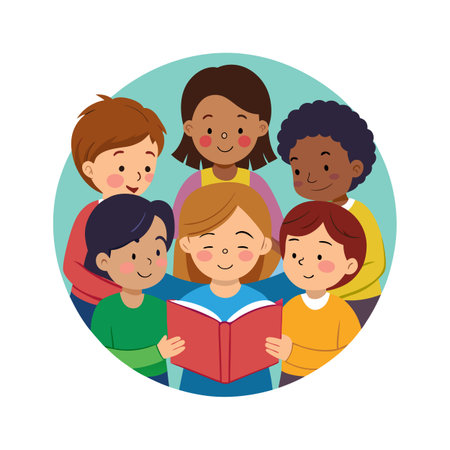Diverse children together reading a book with teacherのイラスト素材