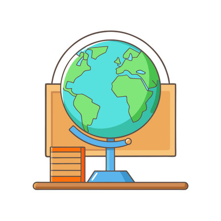 Cartoon globe with world map and books on shelfのイラスト素材