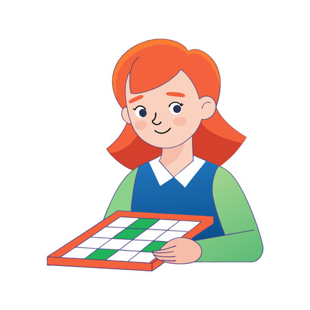 Woman holding a square grid with green squaresのイラスト素材
