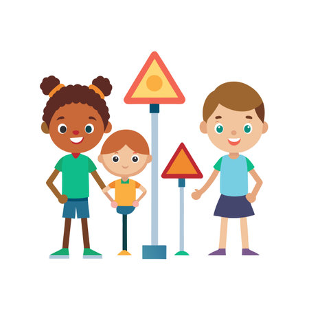 Children with traffic signs illustration in a flat styleのイラスト素材