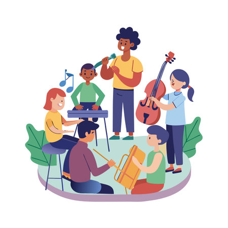 Group of children playing musical instruments together with joyのイラスト素材