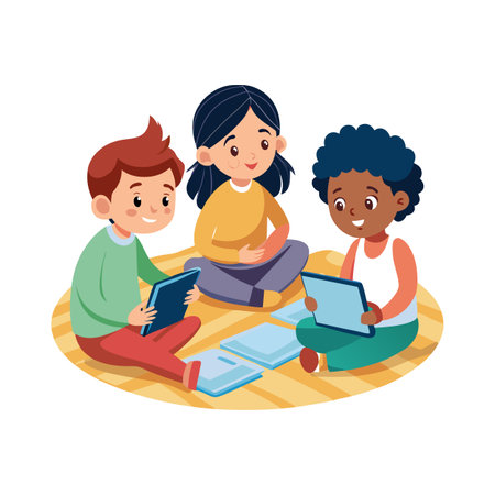 Children using tablets together sitting in circle on floorのイラスト素材