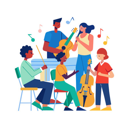 Diverse group of musicians performing together cheerfully in harmonyのイラスト素材