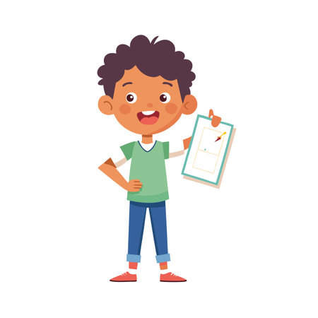 Boy explains sports strategy with clipboard in cartoon styleのイラスト素材