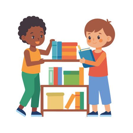 Two children organizing books on a shelf together illustrationのイラスト素材