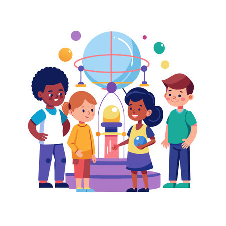 Children learning science with model of planetary systemのイラスト素材