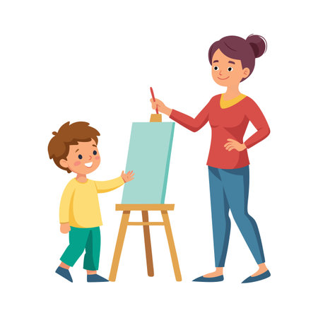 Mother and child painting together on an easel artのイラスト素材