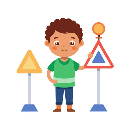 Boy with traffic signs learning road safety rulesのイラスト素材