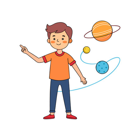 Boy Points to Planets Orbiting in a Cartoon Styleのイラスト素材