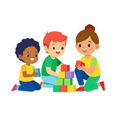 Cartoon children building tower with colorful toy blocksのイラスト素材