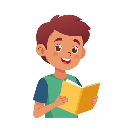 Cartoon boy happily reading a book in flat styleのイラスト素材