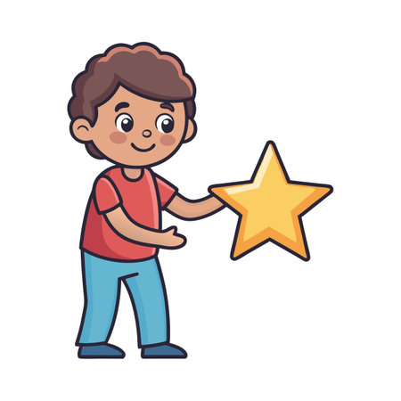 Smiling boy holding a shining gold star cartoon illustrationのイラスト素材