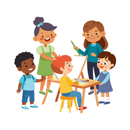 Group of children learning art together in classroomのイラスト素材