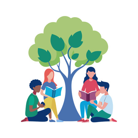 Diverse group reading books under tree in flat styleのイラスト素材