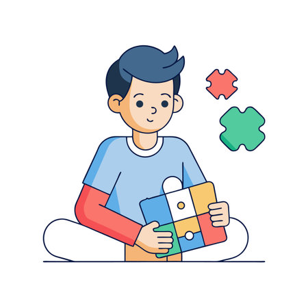 Boy connecting jigsaw puzzle pieces flat vector illustrationのイラスト素材