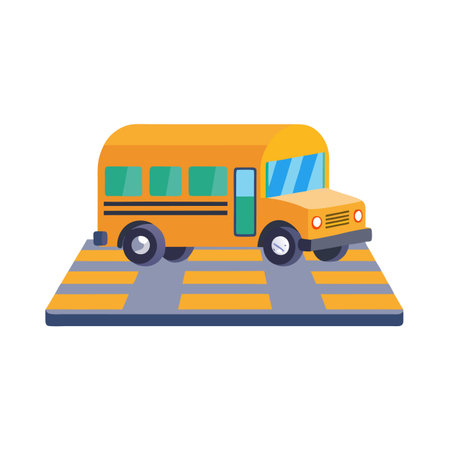 Stylized school bus driving on crosswalk flat vector illustration