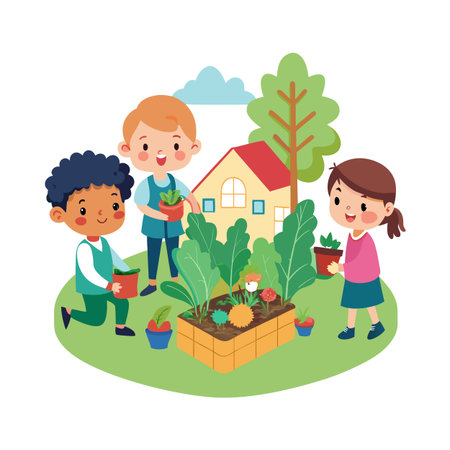 Children Planting Vegetables Together in a Home Garden Settingのイラスト素材