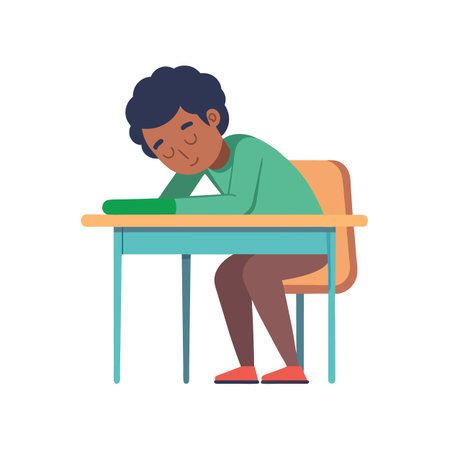 Tired student sleeping at desk in classroom illustrationのイラスト素材