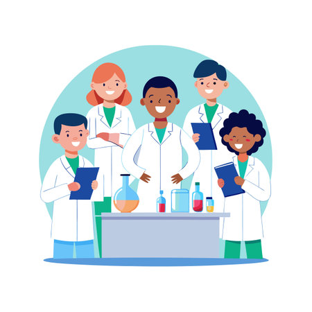 Group of young scientists in lab coats working togetherのイラスト素材