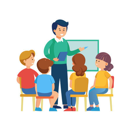 Classroom scene: Teacher leading discussion with students in circleのイラスト素材