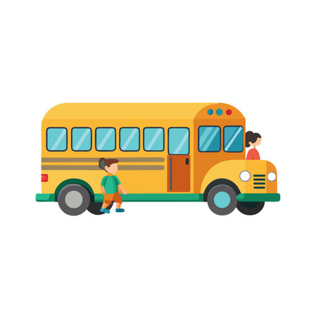 School bus with student entering and driver at wheelのイラスト素材