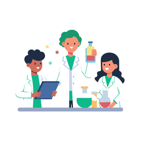Scientists in lab coats conducting research and experimentsのイラスト素材