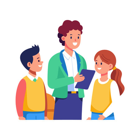 Teacher with Students Discussing Lesson in Flat Vector Illustrationのイラスト素材