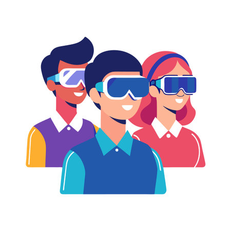 Three people experience virtual reality with modern VR headsetsのイラスト素材